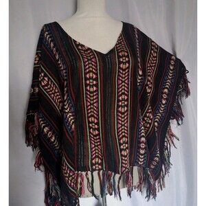 Vtg Billabong Poncho Womens Top  Medium Rainbow  Boho Tassel edges Fringe Hippie